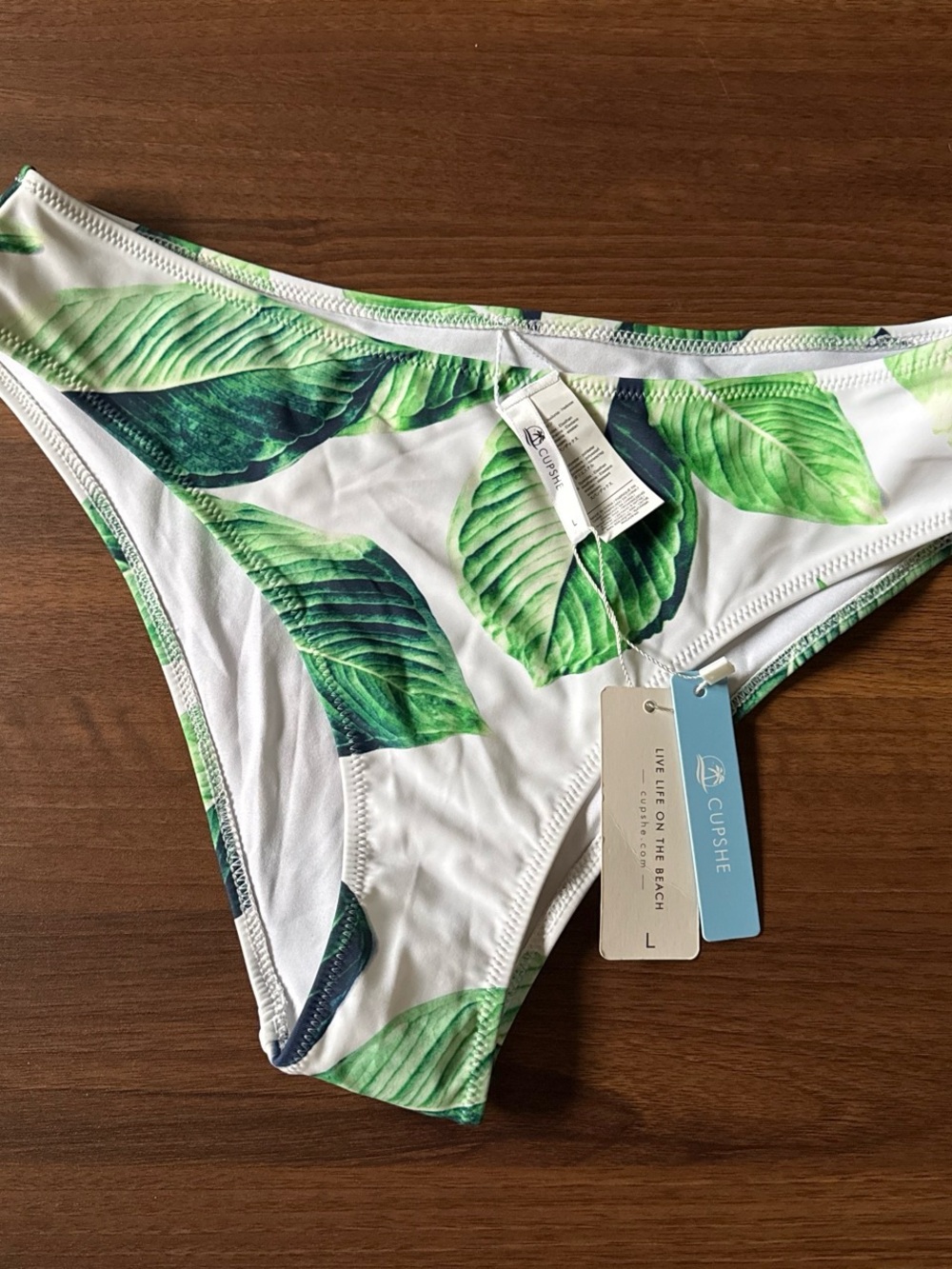 CUPSHE White Bikini Bottom with Green Leaf Print